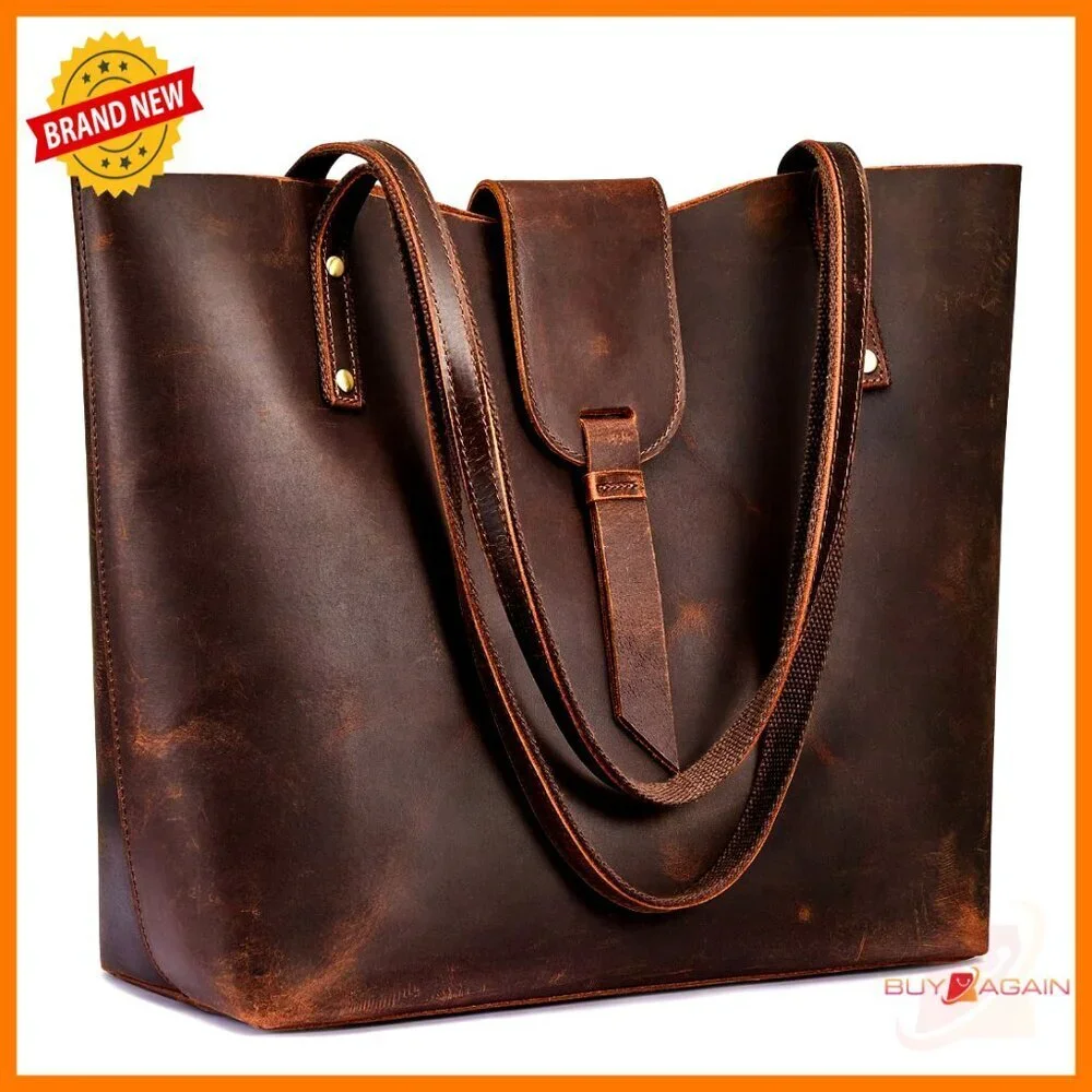 Large Genuine Leather Tote Bag with Removable Organizer for Work